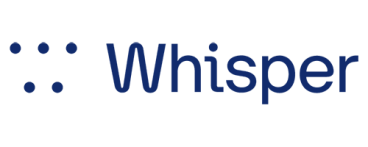 Whisper logo with four dots forming a colon and two periods, followed by the word Whisper in blue text on a light background, representing innovative solutions in hearing aids.